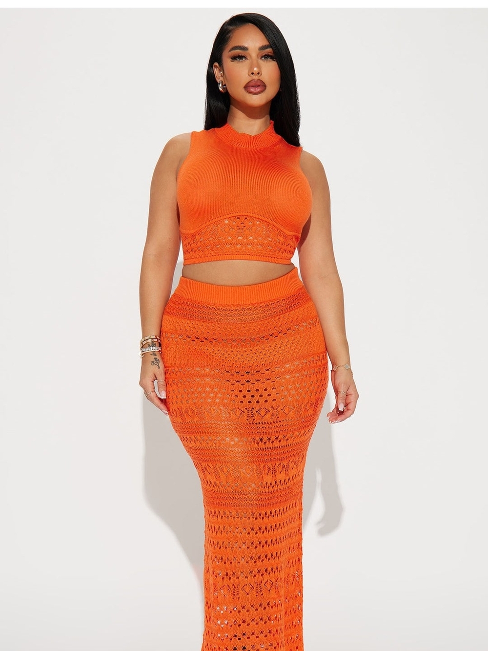 NWOT Orange Crochet Maxi Skirt Set
